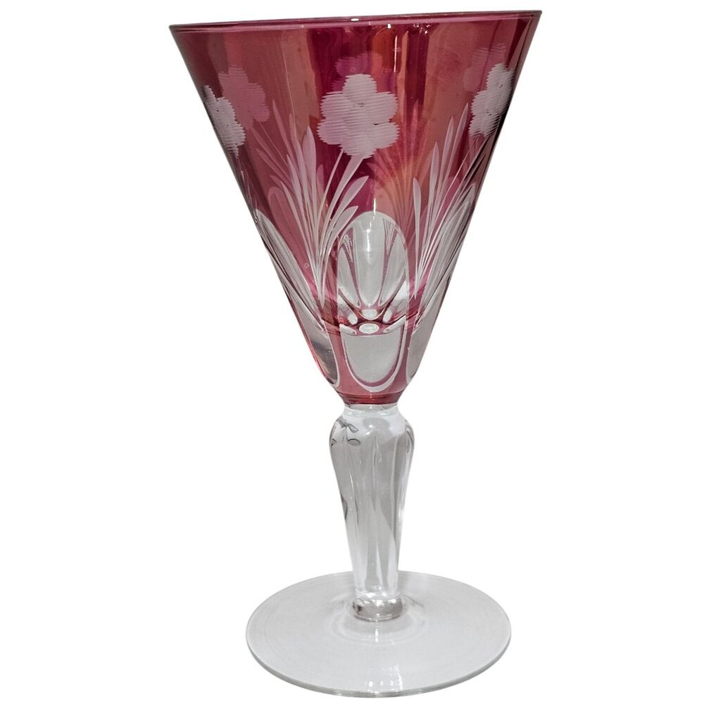6 Italian Cranberry Glass Cut to Clear Cocktail Glasses 6" Italy floral cut glas - Picture 2 of 8